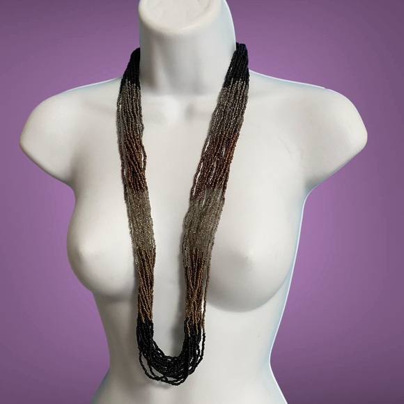 Artisan Multi-Strand Seed Bead Long Necklace Black Silver Copper Colorblock - Picture 5 of 7